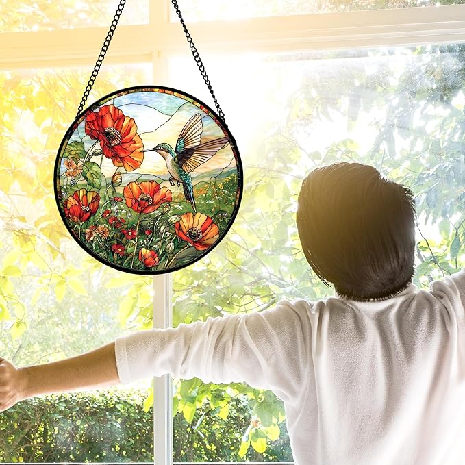 DASTOLL Stained Glass Window Hanging, Hummingbirds Orange Flowers Suncatcher Diamond Glass Panel Hangings Sun Catchers Decor for Birthday for Women, Men, Wife, Aunt, and Mom 11.8 in