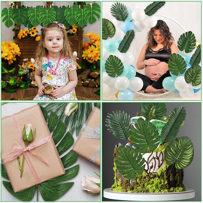 60 Pieces 4 Kinds Artificial Palm Leaves with Faux Stems Tropical Plant Leaves Monstera Leaves Safari Leaves for Hawaiian Luau Party Jungle Beach Table Leave Decorations