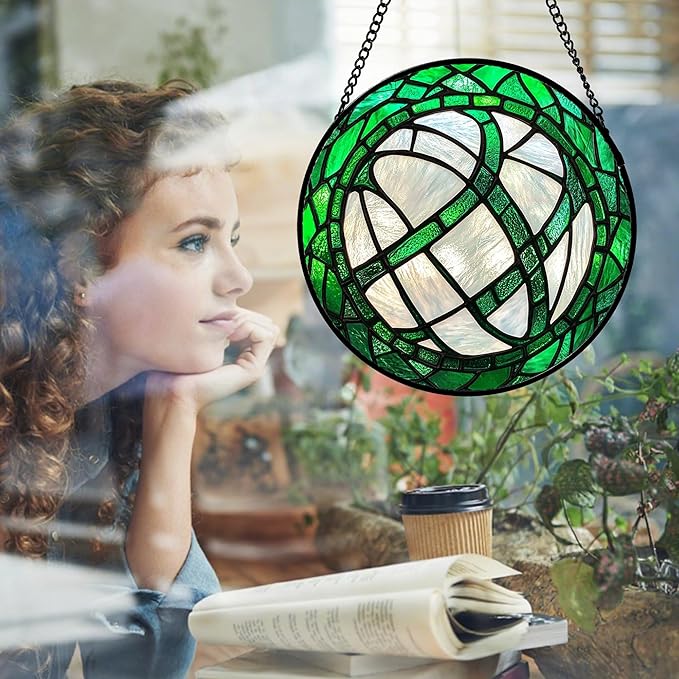 QZQCBLC Stained Glass Window Hanging Green Plants Large 11.8" - Abstract Suncatcher Door Garden Sun Catcher Home Ireland Decor Birthday Mother's St Patrick's Day Gifts for Mom Men Woman Wife Friends