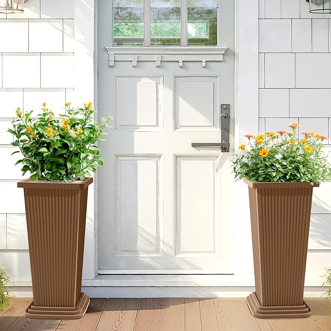 TUYOHW 24 Inch Tall Tapered Square Planters (Set of 2) - Indoor Outdoor Large Flower Pots with Built-in Drainage & Matching Water Tray for Patio, Garden, Home - Brown