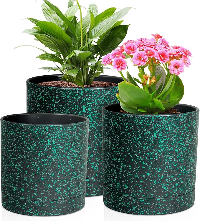 Meowell 6/5/4 inch Plant Pots, 3 Pack Cylinder Flower Pots for Small Indoor Outdoor Plants, Plastic Planters with Drainage Holes and Saucers for Garden Succulent Plants, Black with Green Speckles