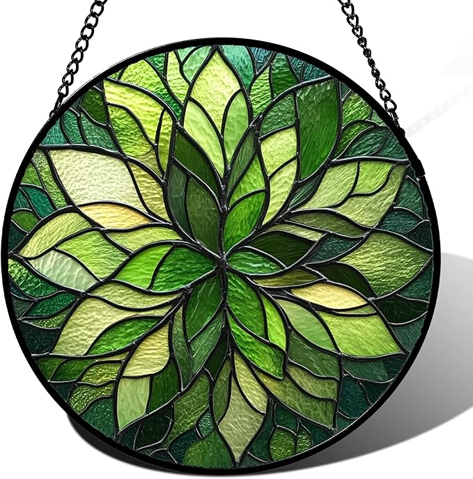 HWRHTR Stained Glass Window Hanging - Green Gradient Flowers Suncatcher for Doors Window Home Plant Sun Catchers Decor Christmas Mother's Day Birthday Gifts for Teacher Women Men Mom Nana 11.8 in