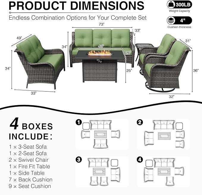Joyside 6 Piece Wicker Patio Furniture Set with Fire Pit Table, Outdoor Swivel Rocker Patio Chairs with High Back, Deep Seating, Wide Armrest, Thickened Cushions, Outdoor Furniture for Deck, Porch Use
