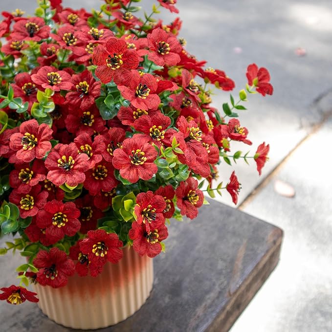 BCBLF Artificial Flowers for Outdoors UV Resistant, 12 Bundles Realistic Silk Flower Faux Fake Plants for Porch Patio Yard Planters, Spring Summer Home Garden Decor, Red