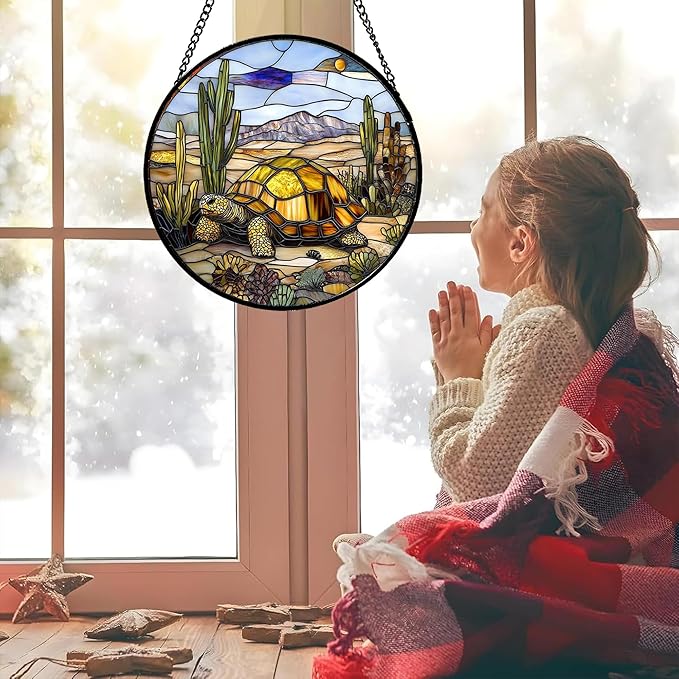 Stained Glass Window Hanging Golden Turtle Cactus Landscape 6.3" - Suncatcher Door Garden Sunroom Sun Catcher Home Decor Birthday Christmas for Mom Men Woman Nana