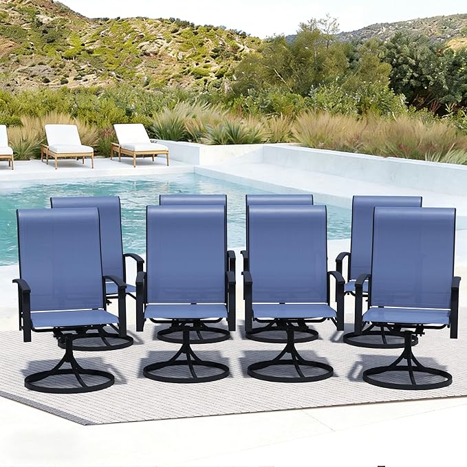 Patio Swivel Chairs Set of 8, All-Weather Metal Outdoor Dining Set with Breathable Mesh Seat, Lightweight Blue Swivel Bistro Chairs for Garden, Deck, Porch - Cool & Comfortable Relaxation