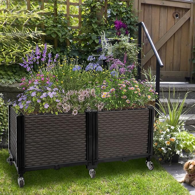 Raised Plant Box with Wheels 31.5"x15.7"x16.1", Raised Beds for Gardening Self Watering, Durable Metal Lockable Casters, Rectangular Garden Planter Perfect for Garden Patio Balcony Deck