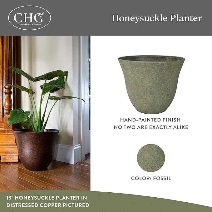 Classic Home and Garden Honeysuckle Resin Planters - Lightweight Indoor & Outdoor Plant Pots - UV-Resistant Plastic Flower Pots - Pot Planters for Flowers & Herbs (13" Fossil)