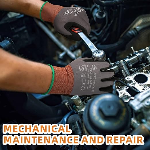Schwer 12 Pairs Safety Work Gloves Sandy Nitrile Coated LT5626, Max Abrasion Resistant Heavy Duty Working Gloves with Grip for Men Women, Touch-Screen, for General Use, Mechanic, Construction, S