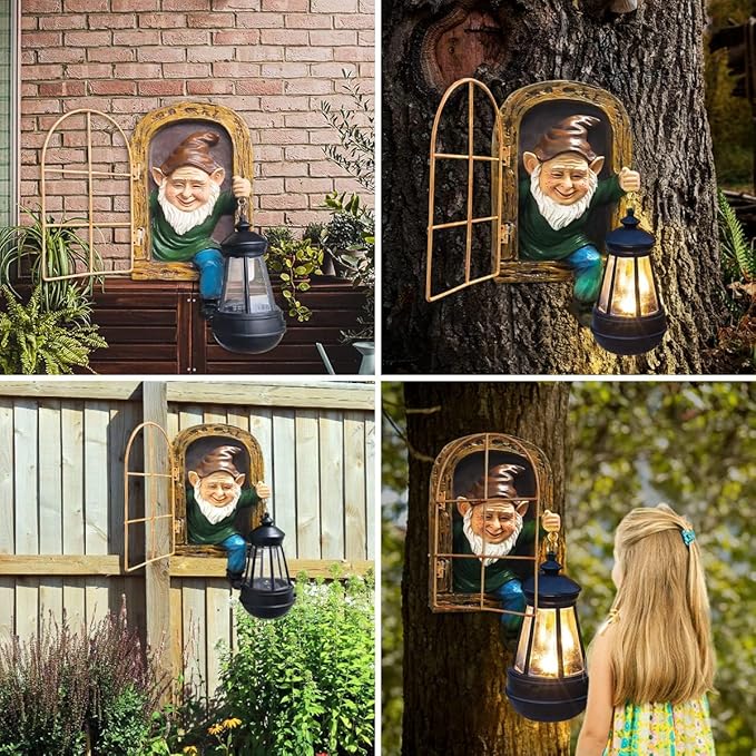 Gnomes Statue with Solar Lights Spring Decorations Whimsical Fairy Garden-10 Inch Elf Outdoor Tree Hugger Garden Statues- Tree Face Sculpture, Yard Art for Patio,Fence,Lawn,Wall Gnomes Ornament