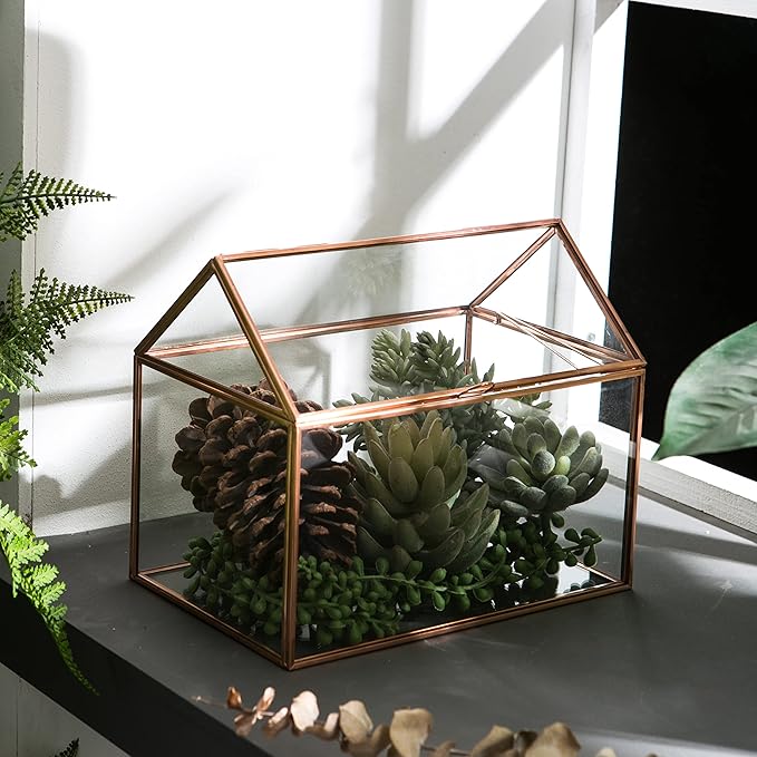 House Shape Close Glass Geometric Terrariumn Tabletop Succulent Plant Garden Geo Planter Moss Fern Swing Lid Reptile, Flower Pot for Plants Succulent, Air Plant (Rose Gold)