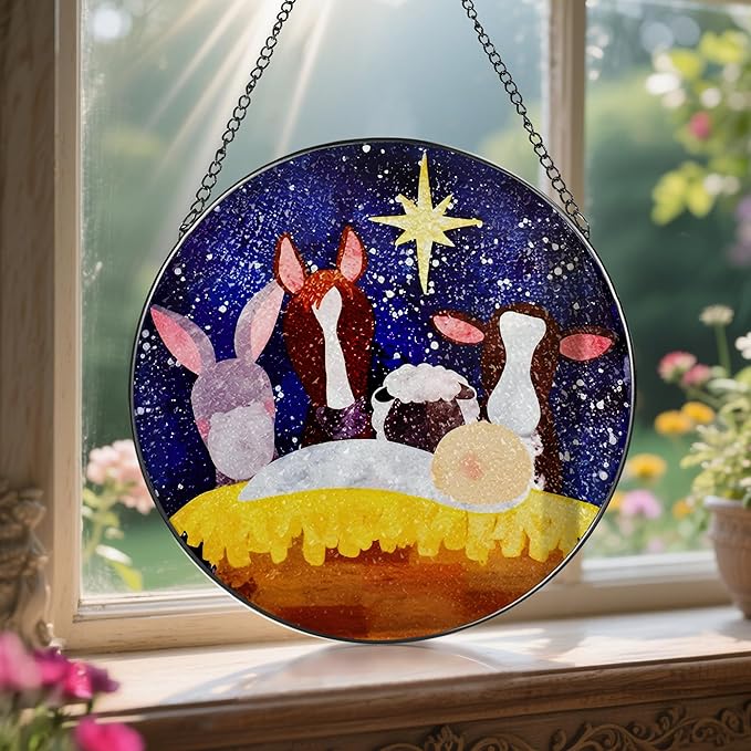 8 Inches Christian Stained Glass Suncatcher, Stained Glass Window Hanging Decor, Nativity Scene Ornament, Religious Home Decor, Christian Gift, Religious Gift, Gifts for Christmas