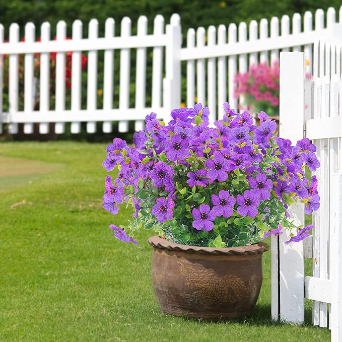 XEOLIAN 12 Bundles Artificial Flowers Outdoor UV Resistant Fake Plastic Plants Indoor Outside Hanging Plants Garden Porch Window Box Home Wedding Farmhouse Festive Shrub Decor (Purple)
