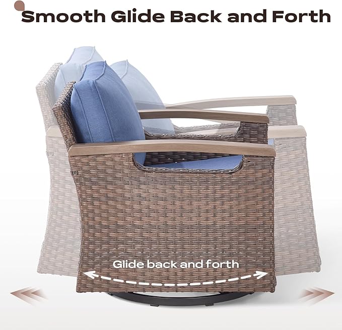 Rilyson Wicker Outdoor Patio Furniture Set - 7 Piece Patio Conversation Sets with Swivel Rocker Chairs, Chairs, Ottomans and Sofa, Thick Cushions, Waterproof Wicker, for Porch Deck Brown/Blue
