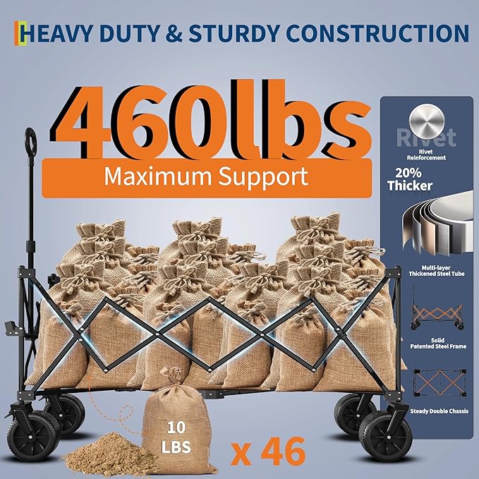 GarveeLife Heavy Duty Utility Beach Wagon Cart, Collapsible Wagon Beach with All Terrain Wheels, Extra Long WagonCart Foldable with Cup Holders for Sand