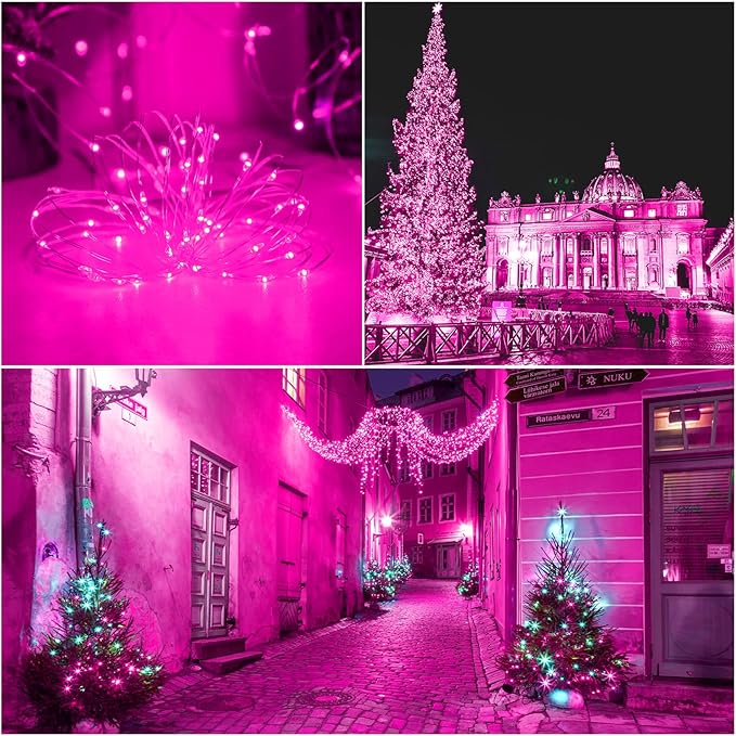 YAOZHOU Solar Christmas String Lights Pink Outdoor Waterproof 100 LED（2 Pack） 8 Modes Copper String Lights Fairy Lights for Valentines Day Garden, Patio, Fence, Balcony, Outdoors(Pink 2pcs
