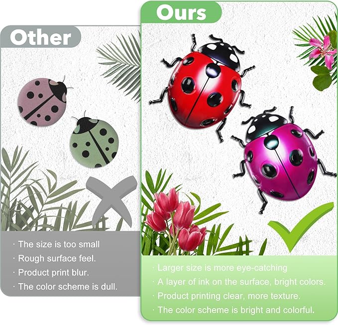 ULENDIS 4 PCS Cute Metal Ladybugs Wall Art Decor, 6.3 Inch Large Outdoor Wall Art Patio Fence Decorations, Colorful Yard Art Lawn Ornaments for Backyard Balcony