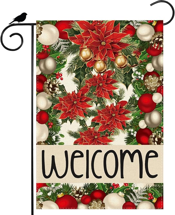 Welcome Garden Flag Christmas Bells Poinsettia Pine Trees Xmas Winter Yard Flag 12x18 Inch Double Sided Small Mini Yard Outdoor Outside Holiday Party Decoration