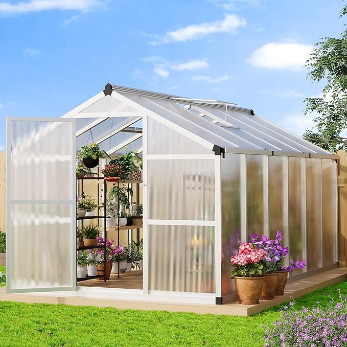 8x12 ft Greenhouse, Aluminum Frame & Polycarbonate Panel Greenhouse for Outdoors, Green House with Adjustable Roof Vent & Lockable Door, Durable Walk-in Green Houses for Backyard, Patio, Lawn