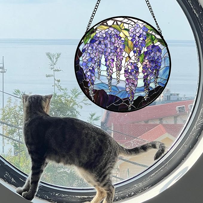 DASTOLL Stained Glass Window Hanging, Purple Wisteria Flowers Suncatcher for Doors Window Home Plant Sun Catchers Decoration Mother's Day Birthday Gifts for Women, Men, and Mom 15x15 in