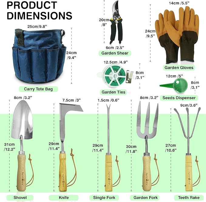 Natury Garden Tools Set – Premium Stainless Steel Gardening Hand Tools with Solid Beechwood Handle – Gardening Kit with Rake, Shovel, Gloves, Shears, Tool Organizer – Garden Gifts for Women and Men