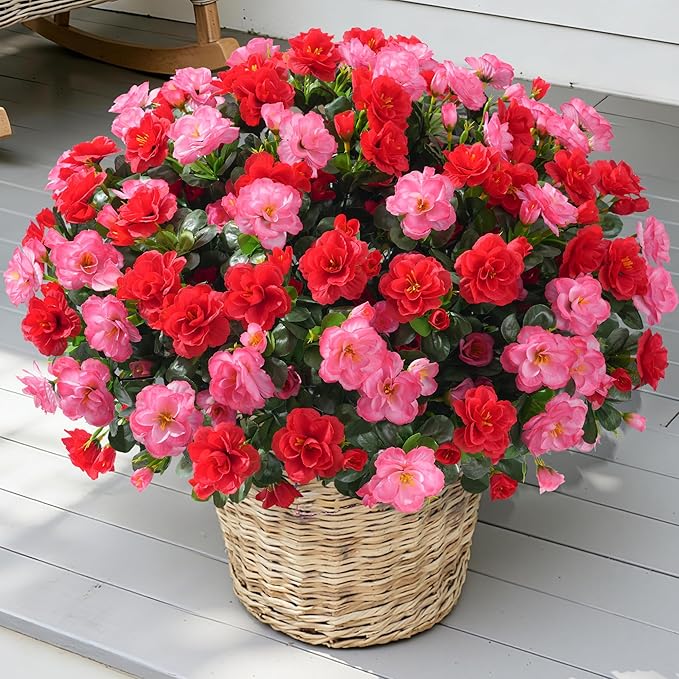 Artificial Fake Outdoor Flowers Plants, Faux Silk Camellia Bundles UV Resistant No Fade Realistic for Planter Pot, Outside Porch Patio Balcony Garden Yard Home Decoration, 3 Large Bundles(Melon Red)