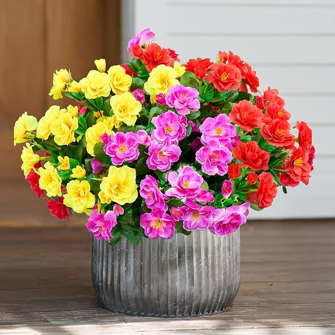 Ivydale Artificial Faux Flowers Plants for Outdoor Outside for Spring Decor,Fake Silk Colorful Camellia UV Resistant Look Real for Planter Pot Porch Patio Balcony Garden Yard Home, 3 Large Bundles