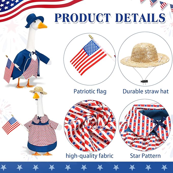 2 Set 4th of July Goose Outfit Lawn Porch Goose Clothes Plastic Goose Lawn Goose Clothing Independence Day Goose Outfit for Patriotic Outdoor Patio Yard Lawn Art Decoration(Stylish)