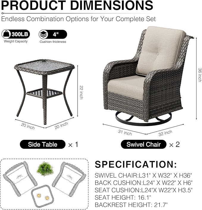 Joyside 3 Piece Wicker Patio Furniture Set, Outdoor Swivel Rocker Patio Chairs with High Back, Deep Seating, Wide Armrest, Thickened Cushions, Outdoor Furniture for Deck, Porch Use