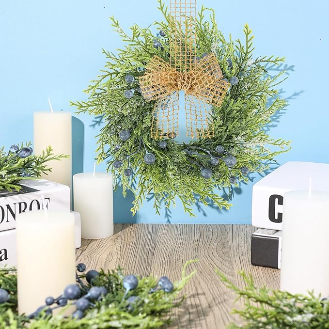 6 PCS Small Winter Blue Berry Cabinet Wreath Artificial Mini Kitchen Wreaths Vintage Swags Wreath with Retro Burlap Ribbon for Farmhouse Rustic Home Front Door Window Pillar Wedding Chair Wall