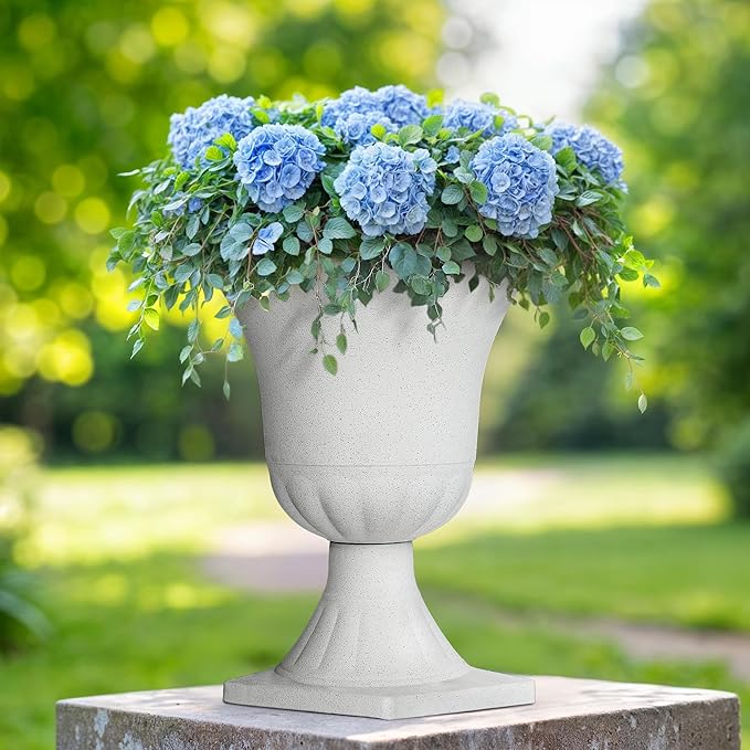 Autodaya 22" Urn Planters Outdoor Planter for Plants Set of 2 Timeless Plastic Large Flower Pot with Drainage Hole Terrazzo White Garden Pots for Porch, Patio Christmas Decor