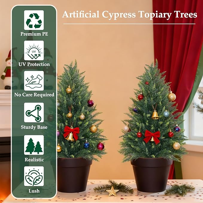 EverNature 3FT Artificial Topiary Cedar Trees, 2Pack Realistic Faux Cypress Plants with Pot, Fake Bushes Pine Tree for Outdoor Front Porch Garden Indoor Christmas Home Decor