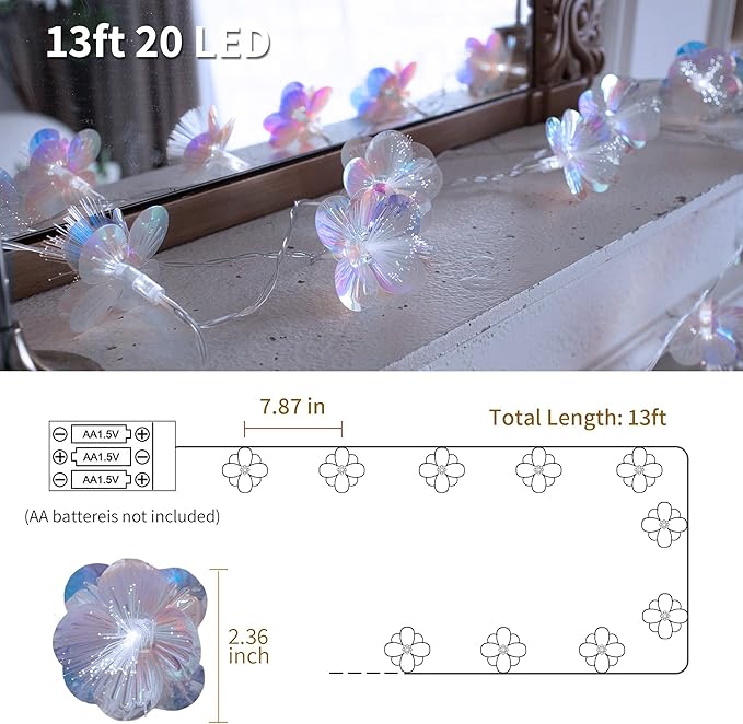 YOLIGHT Fiber Optic Flower String Lights Battery Operated with Timer, 13ft 20 LED Flower Garland Lights Fairy Lights for Room Table Wedding Christmas Easter Décor (White)