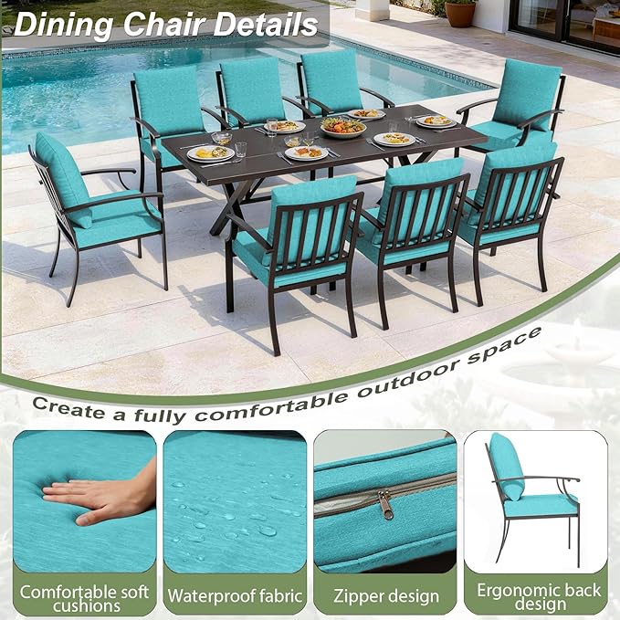 10 Pieces Patio Dining Set,Metal Outdoor Furniture Set Includes 13.6FT Grey Umbrella,Hole Cut-Out 78.7" x 35.4" Table and 8 Metal Backrest Chairs for Backyard,Garden,Blue