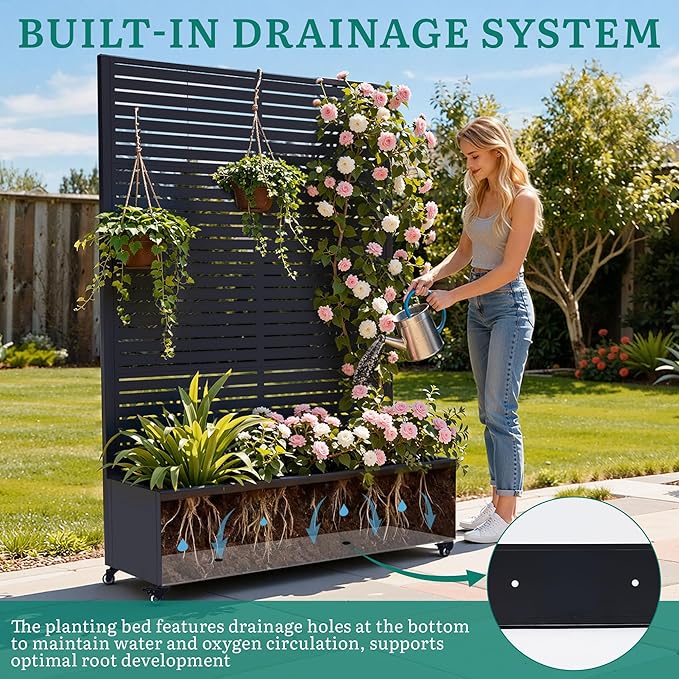 Metal Planter Box with Trellis, Galvanized Steel Raised Garden Bed with Privacy Screen, Lockable Casters, 73"x47"x16" Planter with Drainage Holes for Outdoor Climbing Plants, Vegetables, Patio