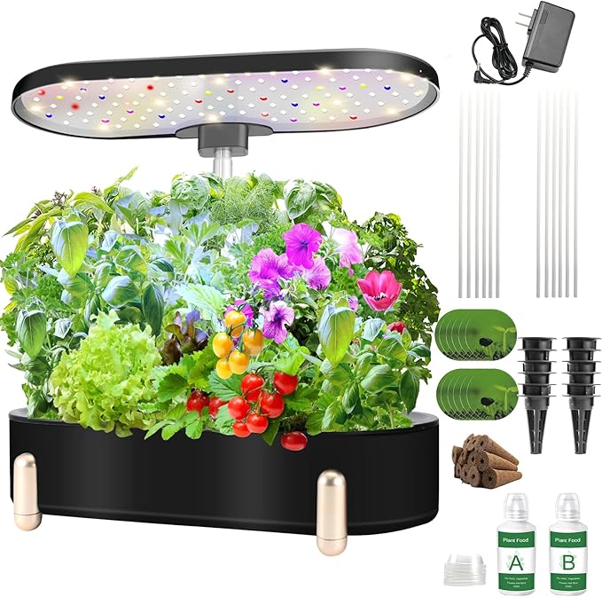 Indoor Garden Hydroponics Growing System12 Pods Plant Germination Kit Aeroponic Herb Vegetable Growth Lamp Countertop with LED Grow Light Hydrophonic Planter Grower Automatic Water Circulation (Black)