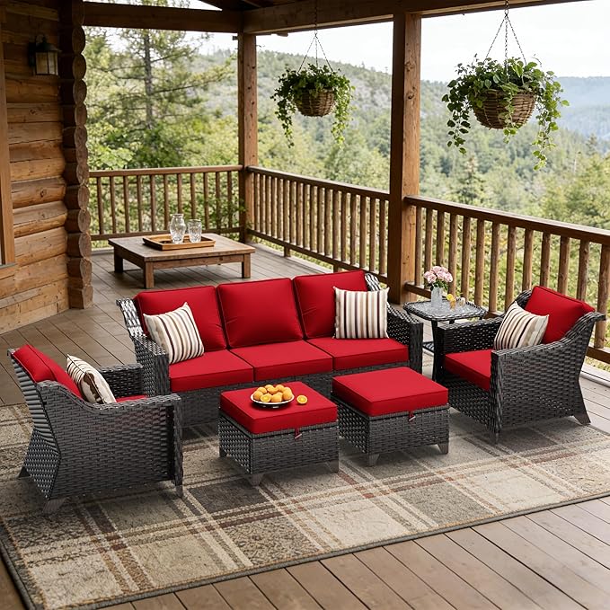6 Pieces Patio Conversation Furniture Set - 1 Sofa, 2 Armchairs, 2 Ottomans, 1 Side Table, Outdoor Wicker Furniture with Removable Cushions for Porch, Balcony, Sunroom (Red)