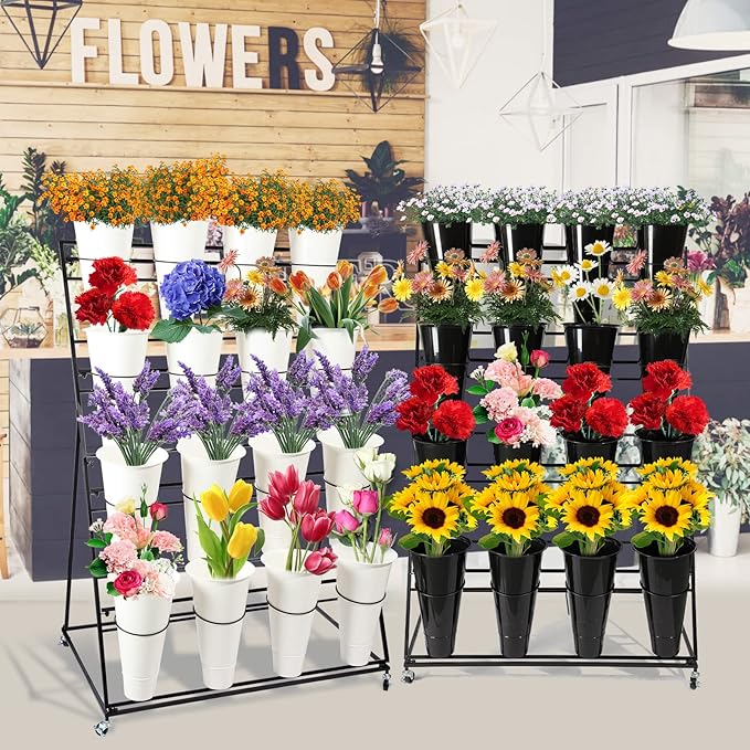 Flower Display Stand with Buckets, 3 layers Metal Plant Stand with Wheels, Moving Florist Bouquet Shelf for Fresh Flower Shop, for Patio Garden, Living Room, Outdoor Flower Pop-Up Events (White Frame - Black Bucket)