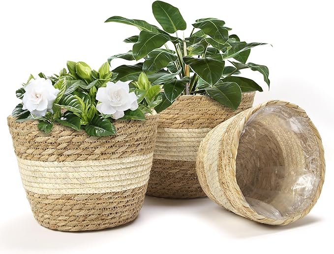 Athaliah Plant Basket Set of 3, Woven Plant Baskets Indoor with Plastic Liner, Water Hyacinth & Corn Husk Planter Baskets, Floor Plant Baskets for Pots, Rustic Farmhouse Home Decor