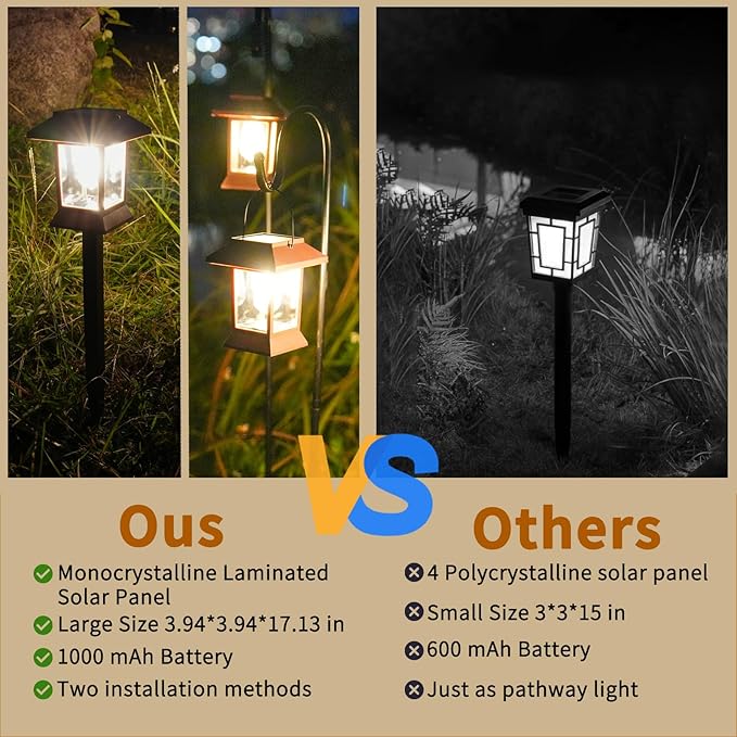 Glosola 6Pack Solar Pathway Lights Outdoor Waterproof IP65, Brown Solar Lights Outdoor with Hook Upgraded 1000mAH Battery, Up to 12Hrs, Auto On/Off, Garden Decor for Yard, Driveway, Walkway (Bulb)