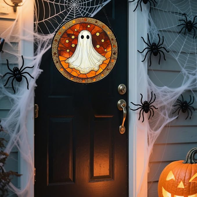 Stained Glass Window Hanging - Halloween Decorations White Ghost Suncatcher for Doors Garden Indoor Spooky Funny Orange Sun Catchers Gothic Decor Horror Gifts for Women Men Friend 7.8 in