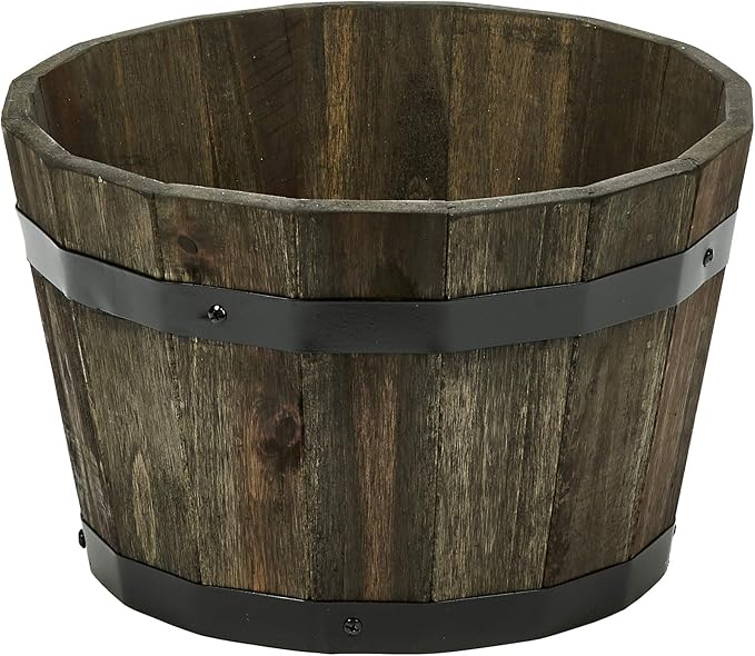 Worth Imports Wood Barrel Planter with Handles, Brown Oil 15" x 15" x 10"