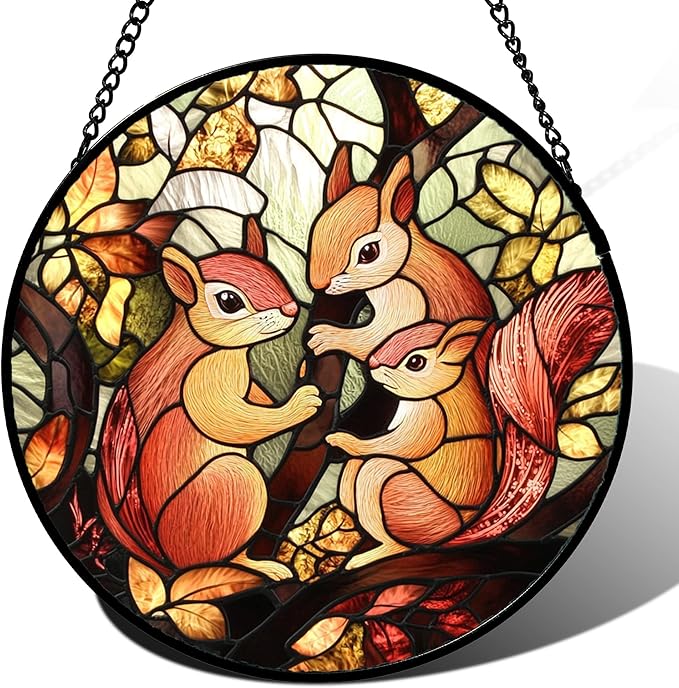 Stained Glass Window Hanging - 3 Cute Squirrels Suncatcher for Doors Garden Patio Sun Catchers Decor Christmas Mother's Day Teenager Birthday Gifts for Women Men Mom Nana Friend 11.8 in