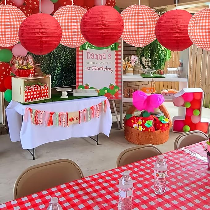 BEISHIDA Red White Plaid Round Paper Lanterns Decorative Hanging Asia Chinese Japanese Paper Lanterns Lamp for Birthday Wedding Baby Bridal Shower Home Decor Party Decoration（6Packs）