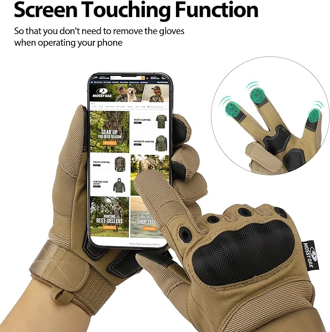 Mossy Oak Tactical Gloves for Men, Touch Screen Airsoft Gloves with Hard Knuckle for Hunting, Paintball, Hiking, Camping