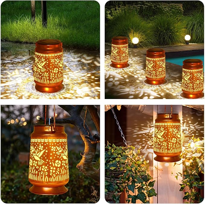 Solar Lanterns Outdoor Waterproof Gifts for Women Grandma Gifts for Mom Dragonfly Projection Garden Decor Solar Hanging Lantern Metal for Patio Yard Festival Pathway Landscape (Dragonfly, 4)