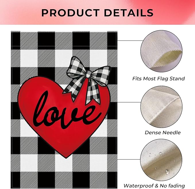 pretty_jessie Valentines Day Garden Flag 12x18 Inch Double Sided, Buffalo Plaid Love Hearts Burlap Yard Flag Anniversary Patio, Porch, Backyard Outdoor Decorations