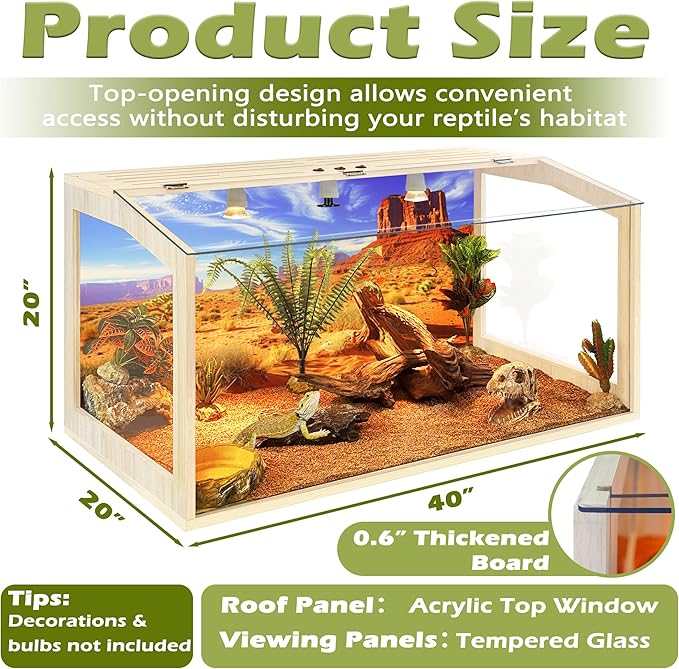 PROLEE Tempered Glass Bearded Dragon Tank,Reptile Tank with Clear Window View, Anti-Scratch Lizard Tank,Spacious Reptile Enclosure for Snakes, Lguanas, Chameleons (Oak, 68Gallons,40"L x 20"W x 20"H)