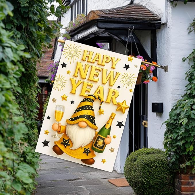 Happy New Year House Flag 28x40 Inch Double Sided Garden Flag Gold Gnome Champagne and Star Design Winter Holiday Yard Banner Large Outdoor Polyester Flag for Porch Lawn Home Decoration