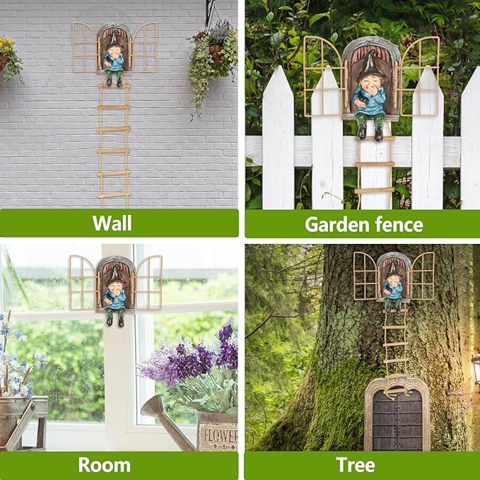 Garden Gnomes Decoration Outdoor tree faces decor with Hanging Ladder for Yard, Elf Out The Door Tree Hugger Resin Garden Sculpture Peeker Yard Art Ornament Whimsical Gnome Decor for Patio Yard Lawn